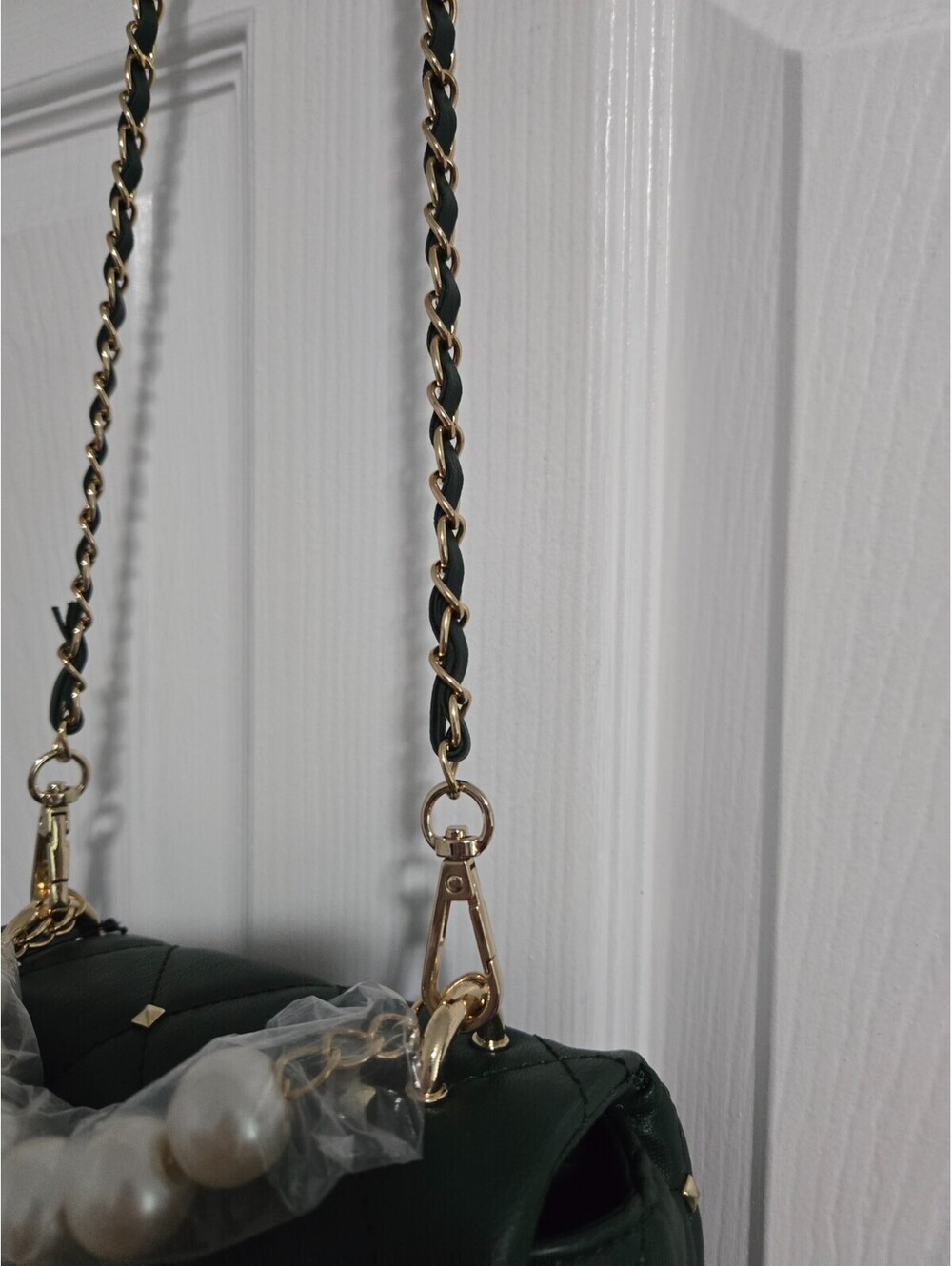 Badgley Mischka Quilted Crossbody Bag Green Gold Studded Pearl Handle NWT New - Picture 13 of 15